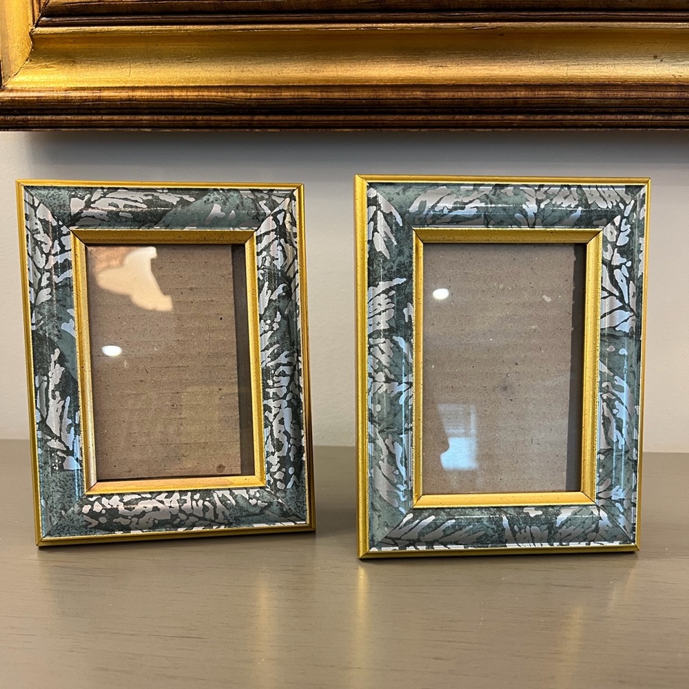 Vintage 1980’s Picture Frames Set Of 2 Floral Fauna Teal Gold Silver 5x7 Photo